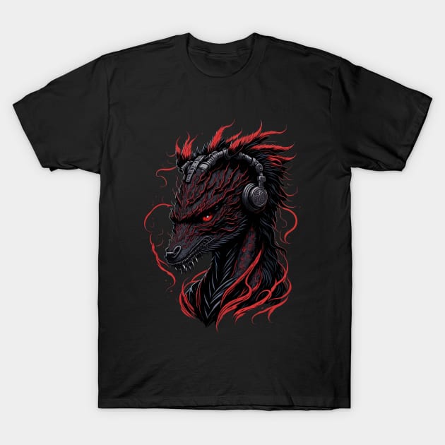 Japanese Red Dragon Asian Tattoo headphones style T-Shirt by hippohost